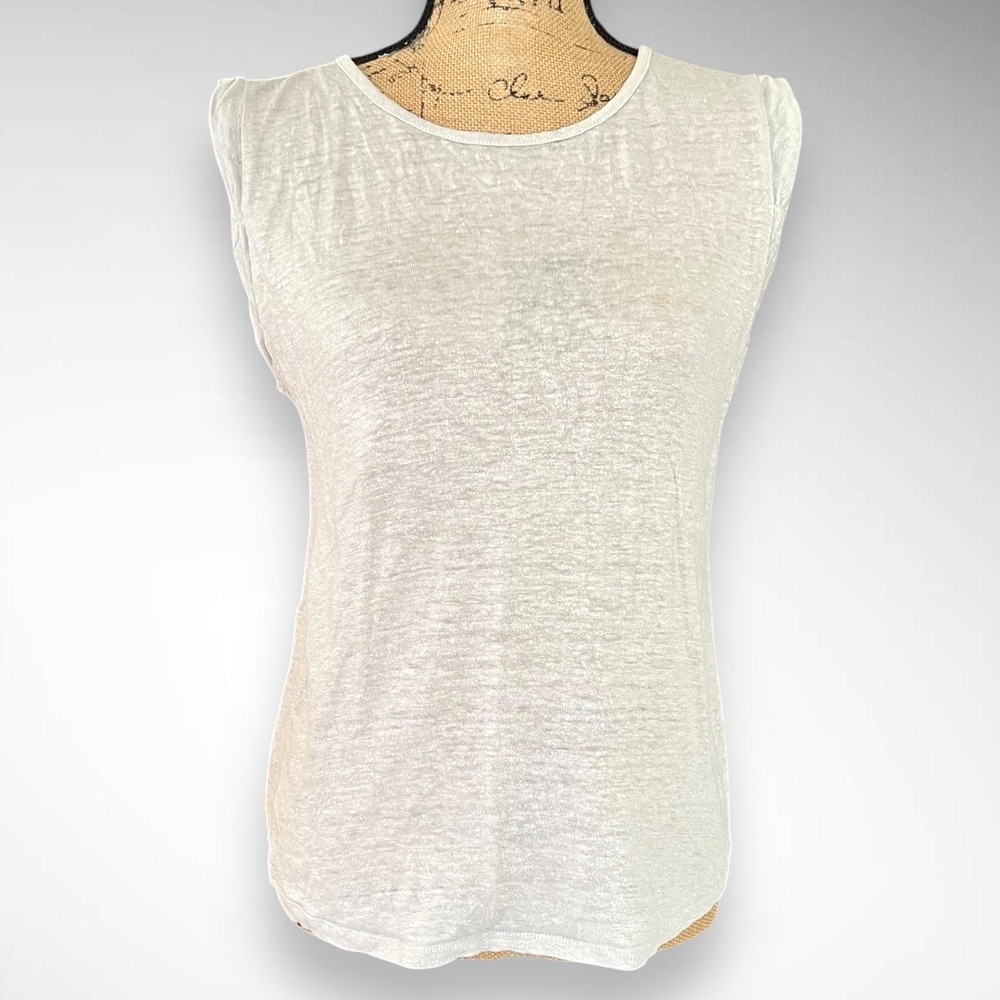 ANN TAYLOR LOFT Linen Silver Sheer Shimmering Cap Sleeve Crew Neck Top | EUC